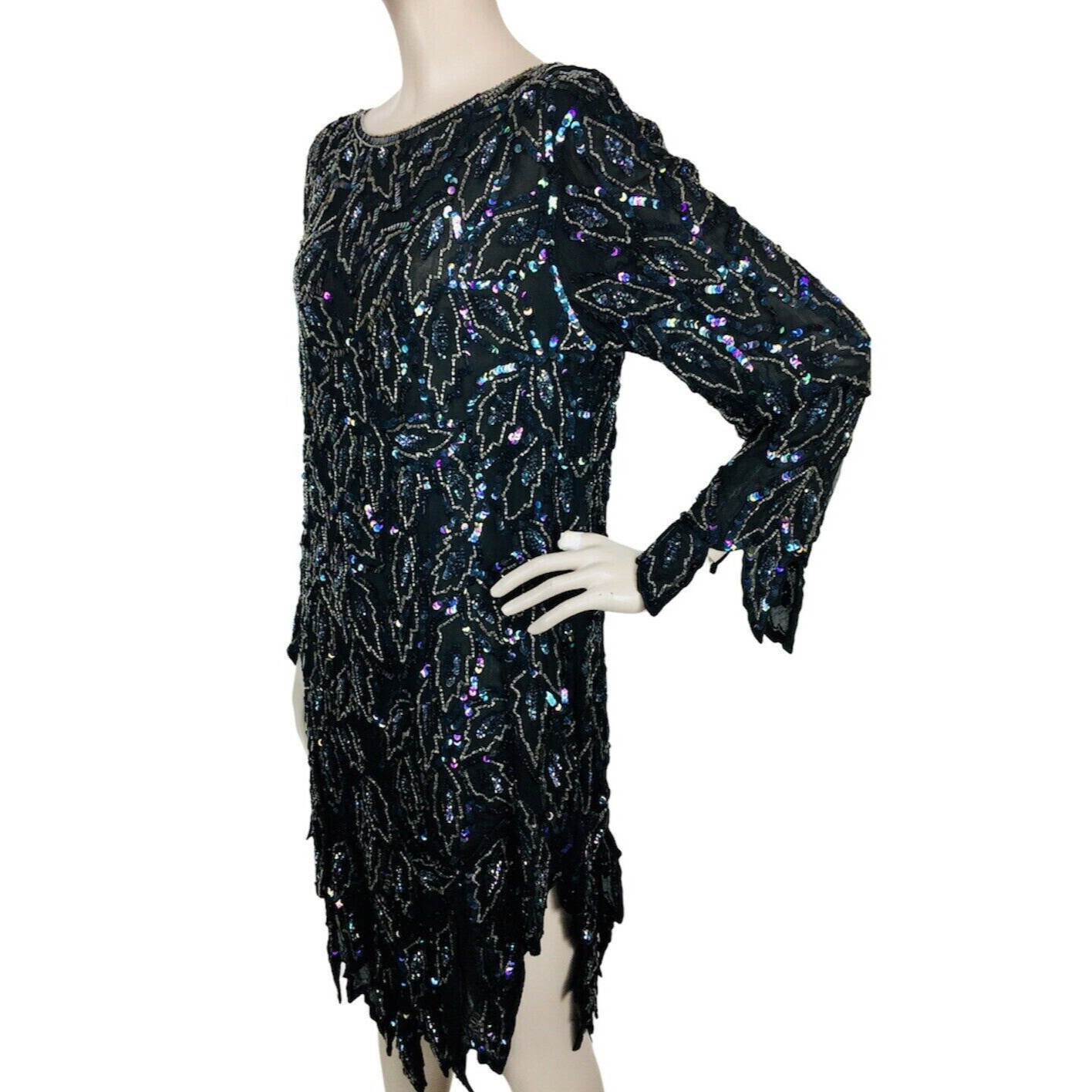 Vintage Le Mieux Paris Roma Geneva Black 100 Silk Beaded Sequined Dress